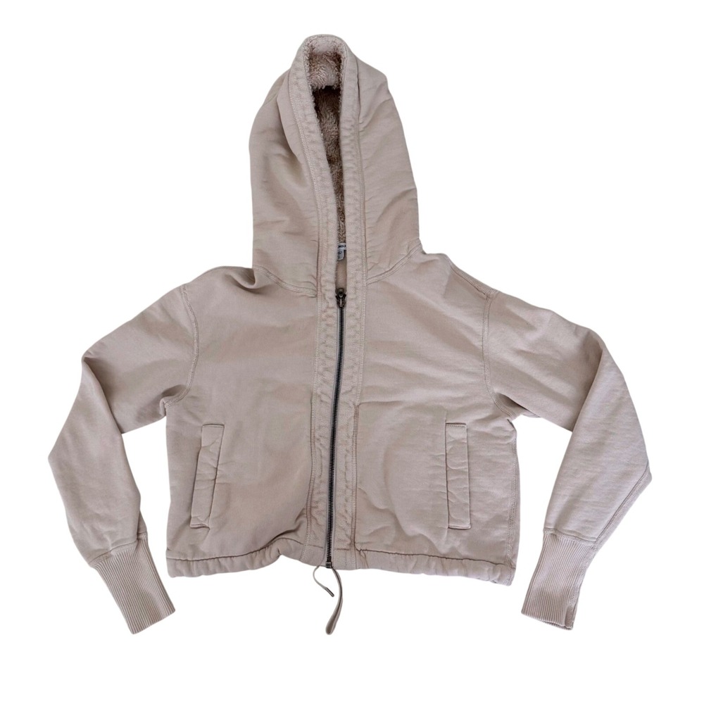 Standard James Perse Beige Sherpa Lined Cropped Zip Up Hoodie Sweatshirt Size 1